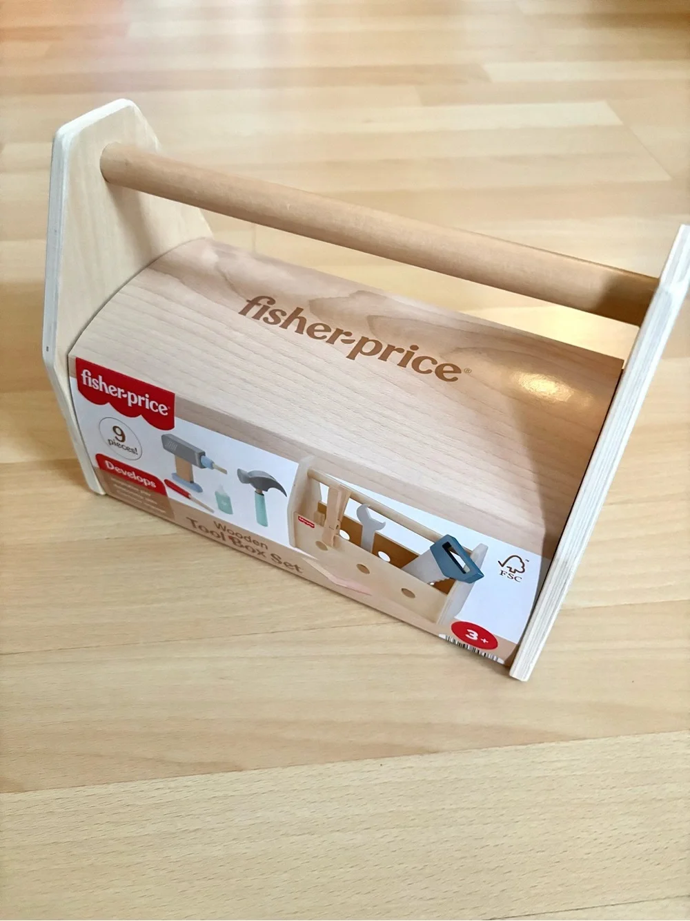 Fisher-Price Wooden Tool Box with Toy Drill Hammer Pliers Saw Wrench *NEW*